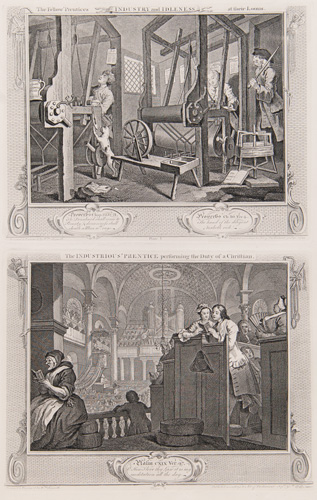 Industry and Idleness
(Plate 1)
The Fellow 'Prentices at their Looms

and

Industry and Idleness
(Plate 2)
The Industrious 'Prentice performing the Duty of a Christian 